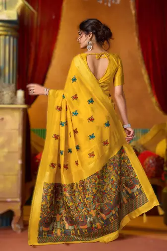 Yellow khadi cotton saree with elegant jhallar border