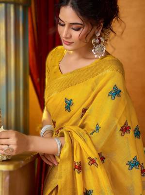 Yellow khadi cotton saree with elegant jhallar border 3