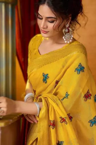 Yellow khadi cotton saree with elegant jhallar border