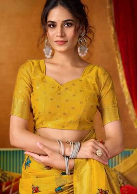 Yellow khadi cotton saree with elegant jhallar border 4