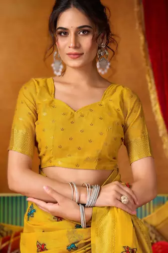 Yellow khadi cotton saree with elegant jhallar border