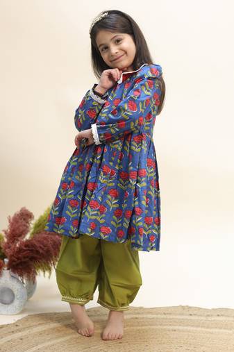 Blue printed cotton kurta set