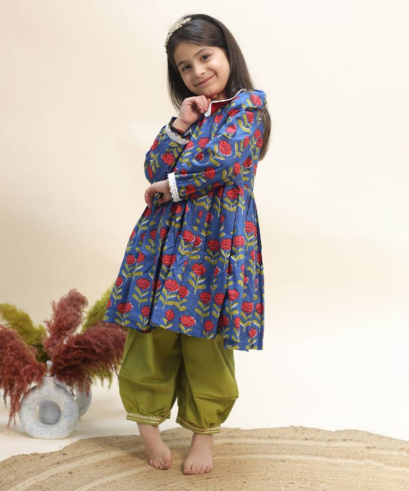 Blue printed cotton kurta set