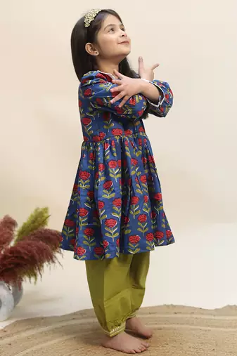 Blue printed cotton kurta set