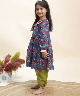 Blue printed cotton kurta set 3