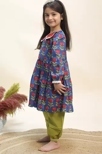 Blue printed cotton kurta set