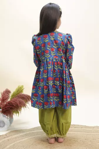 Blue printed cotton kurta set