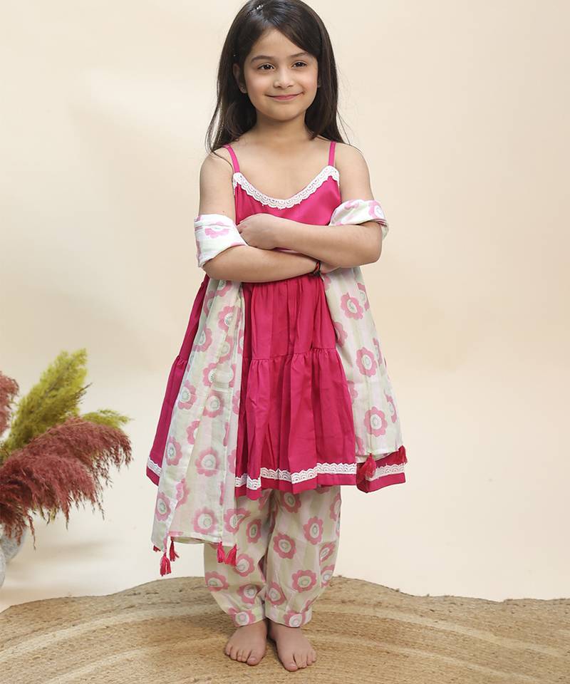 Pink printed cotton kurta set