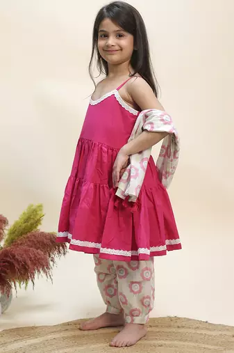 Pink printed cotton kurta set
