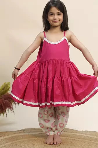 Pink printed cotton kurta set