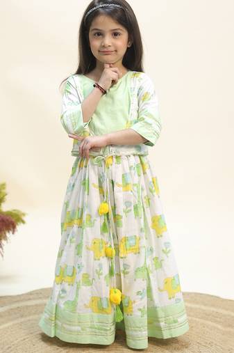 Green printed cotton indo western lehenga set
