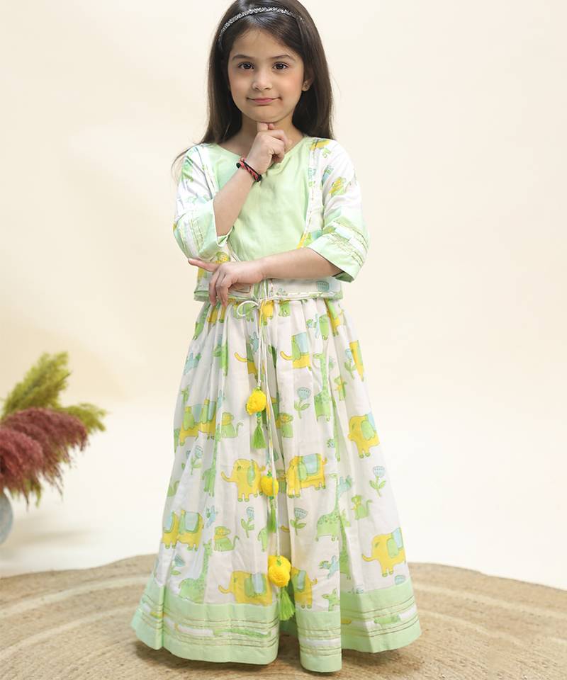 Green printed cotton indo western lehenga set