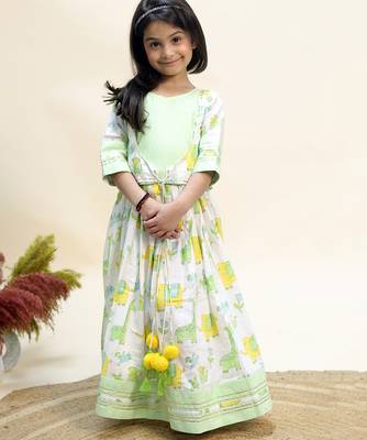 Green printed cotton indo western lehenga set 2