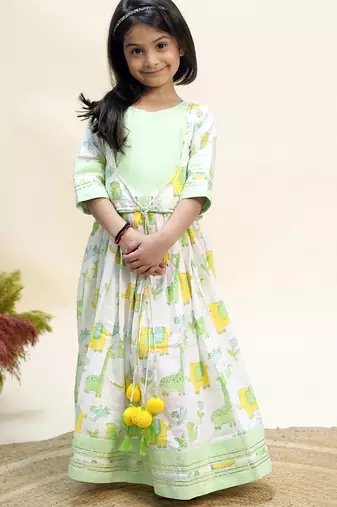 Green printed cotton indo western lehenga set
