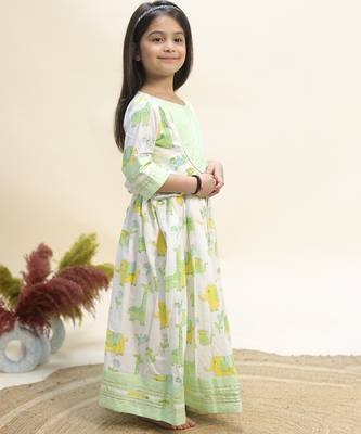 Green printed cotton indo western lehenga set 3