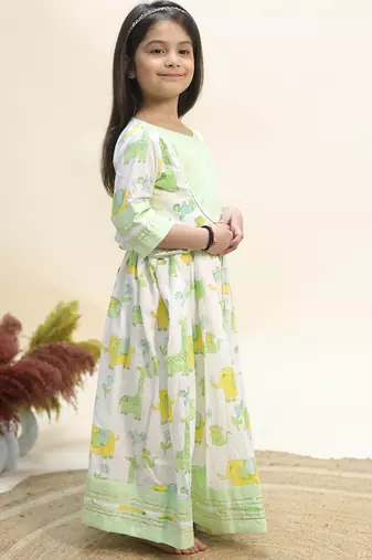 Green printed cotton indo western lehenga set