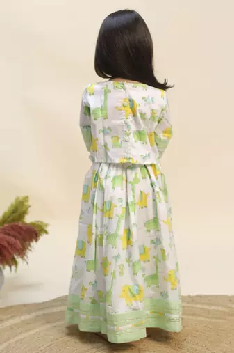 Green printed cotton indo western lehenga set