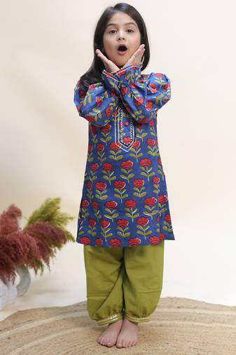 Blue printed cotton kurta set