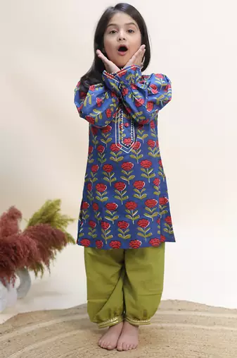 Blue printed cotton kurta set