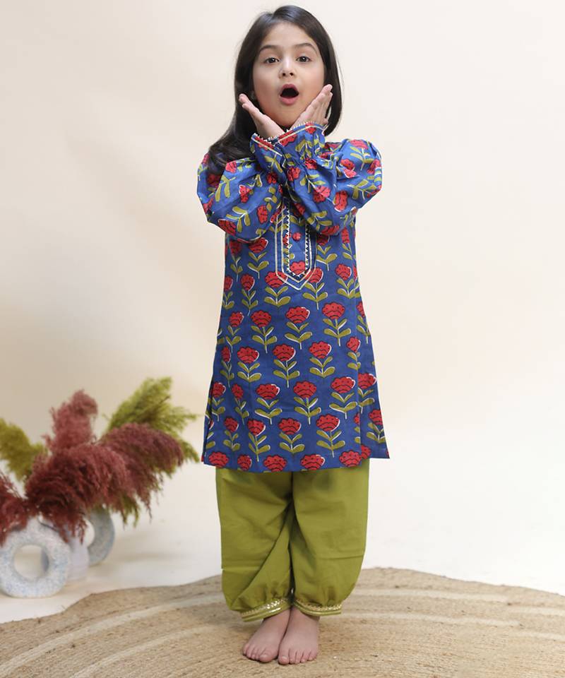 Blue printed cotton kurta set