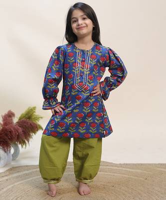 Blue printed cotton kurta set 2