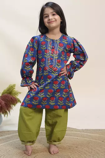 Blue printed cotton kurta set