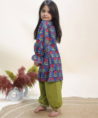 Blue printed cotton kurta set 3