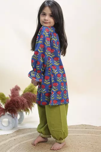 Blue printed cotton kurta set