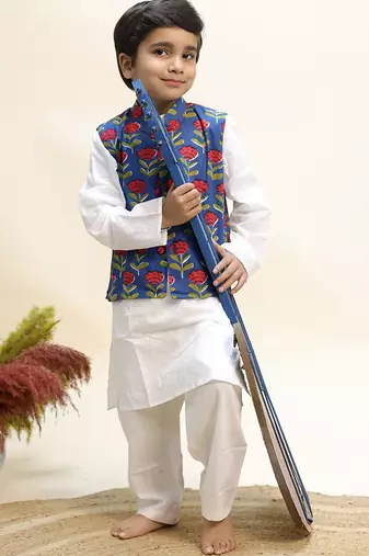 Blue printed cotton kurta jacket set