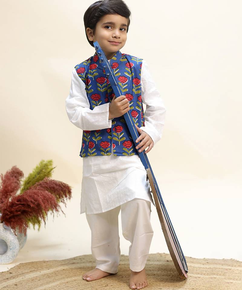 Blue printed cotton kurta jacket set
