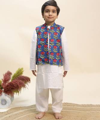 Blue printed cotton kurta jacket set 1