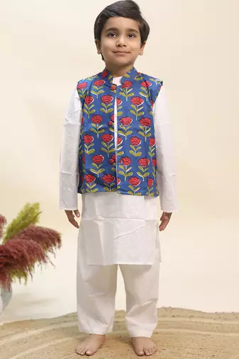 Blue printed cotton kurta jacket set