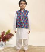 Blue printed cotton kurta jacket set
