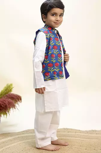 Blue printed cotton kurta jacket set