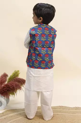Blue printed cotton kurta jacket set