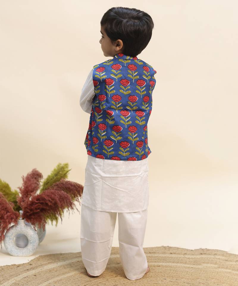 Blue printed cotton kurta jacket set