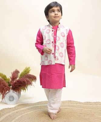 Pink printed cotton kurta jacket set 1