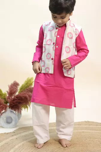 Pink printed cotton kurta jacket set