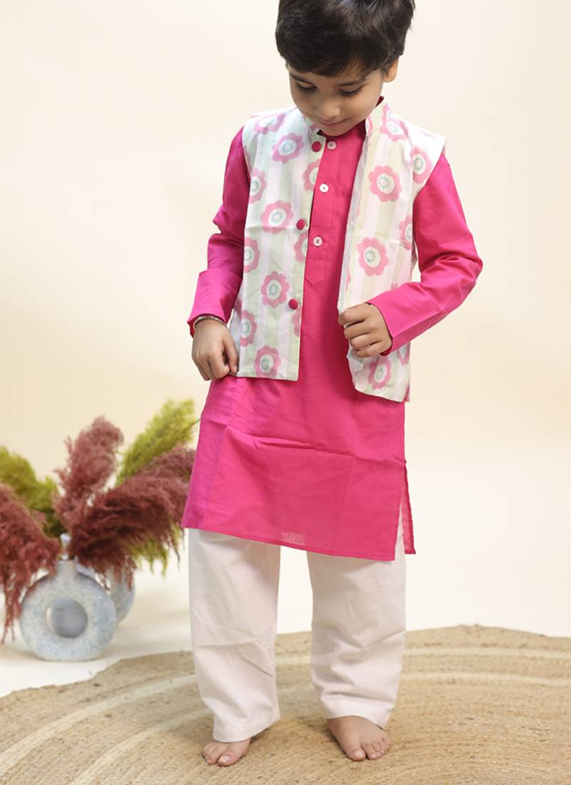 Pink printed cotton kurta jacket set