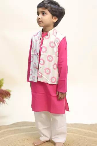 Pink printed cotton kurta jacket set