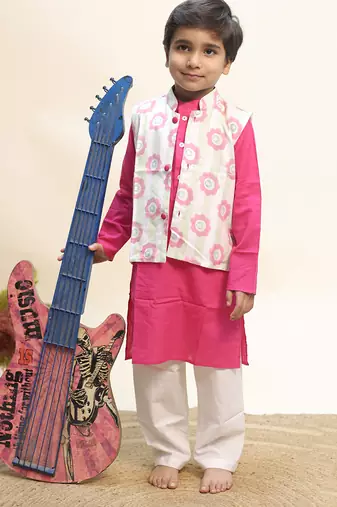 Pink printed cotton kurta jacket set