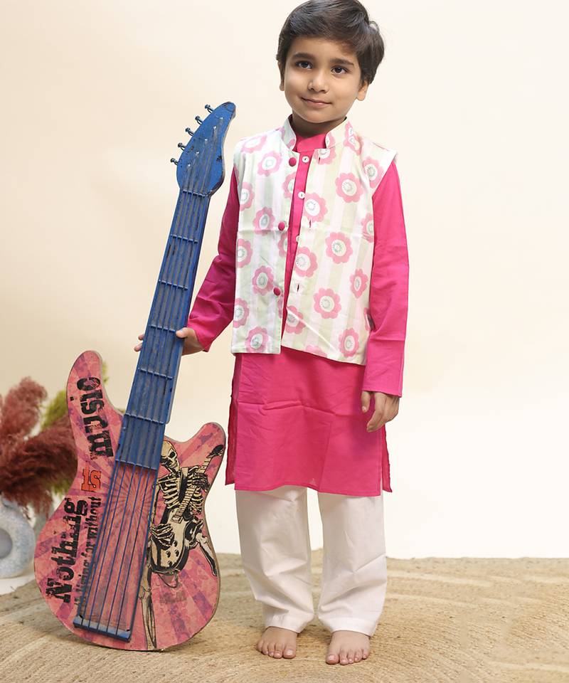 Pink printed cotton kurta jacket set