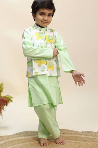 Green printed cotton kurta jacket set