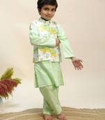 Green printed cotton kurta jacket set
