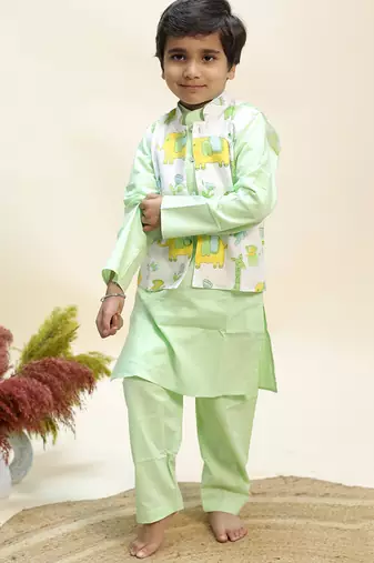 Green printed cotton kurta jacket set