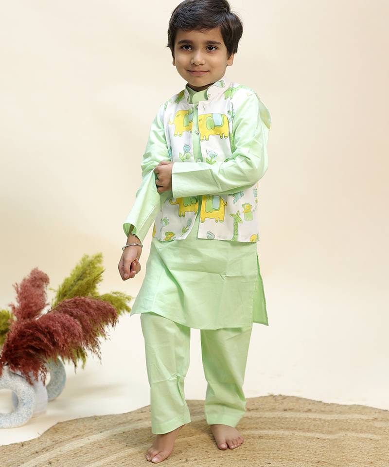 Green printed cotton kurta jacket set