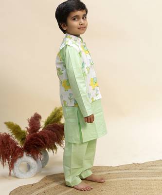 Green printed cotton kurta jacket set 3