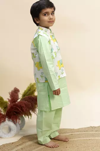 Green printed cotton kurta jacket set