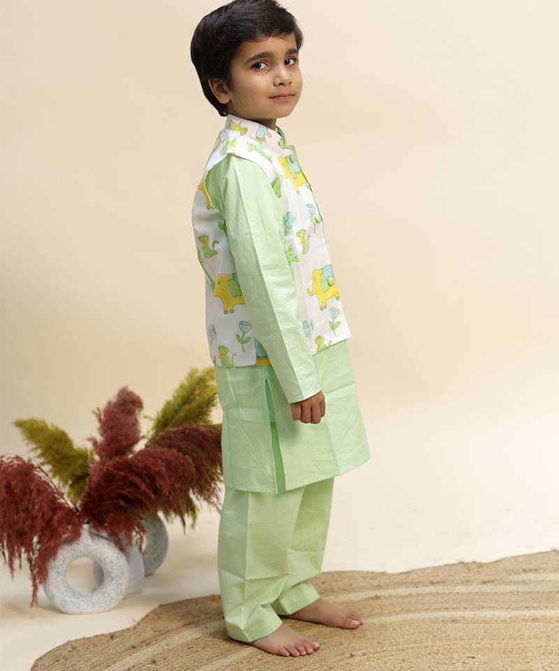 Green printed cotton kurta jacket set