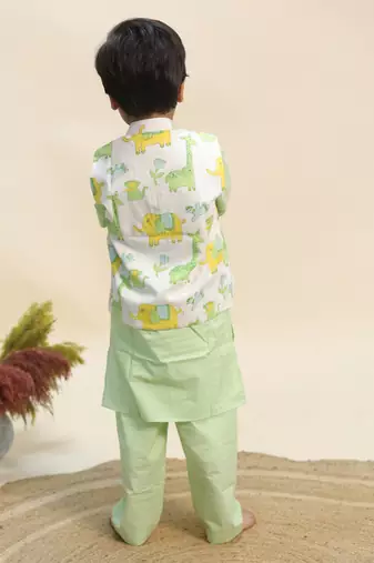 Green printed cotton kurta jacket set